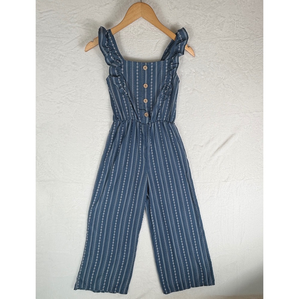 Jenna & Jessie Girls Blue Striped Ruffle Jumpsuit Size 12 Floral Wide Leg Boho